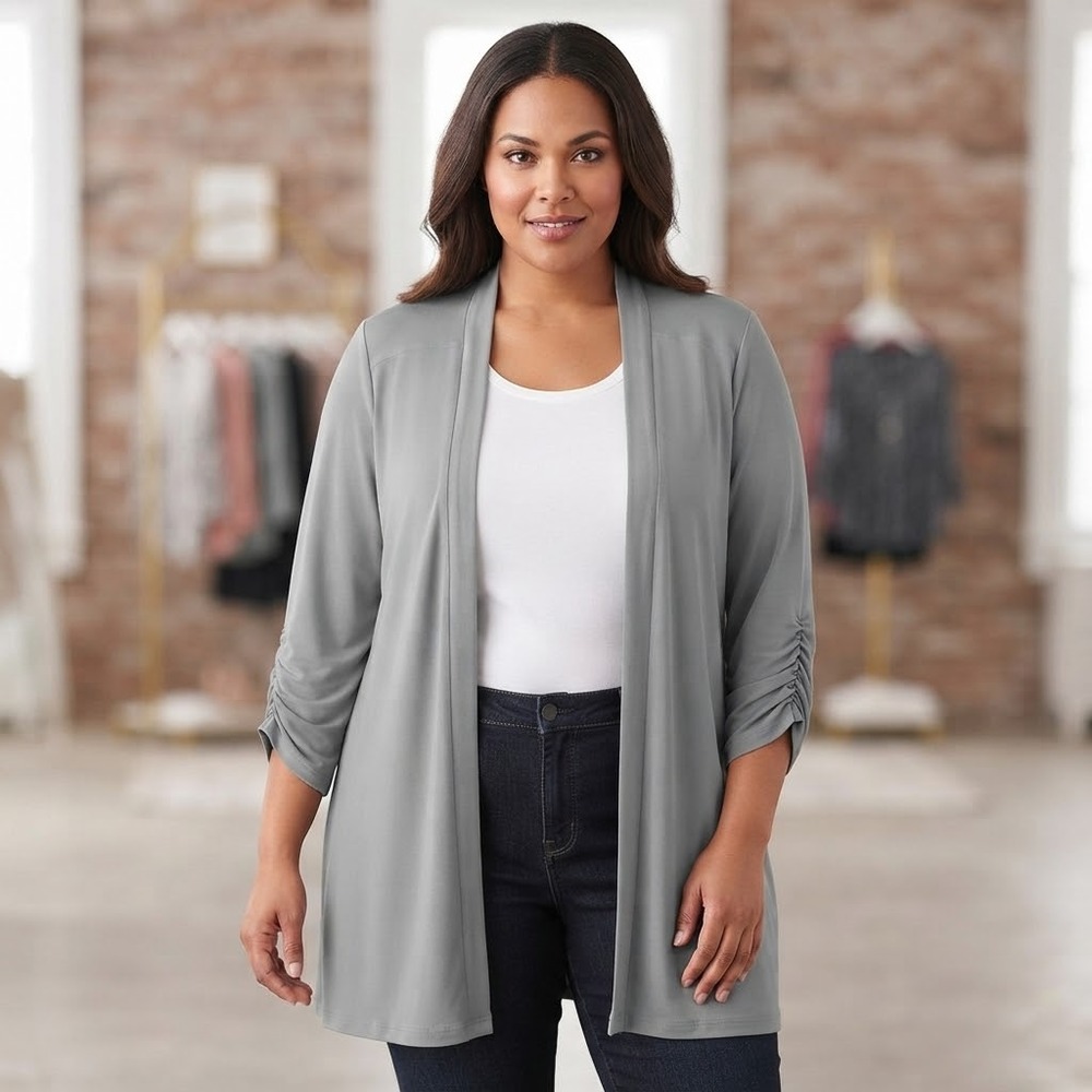 Susan Graver Liquid Knit Grey Ruched 3/4 Sleeve Open Front Cardigan Large QVC